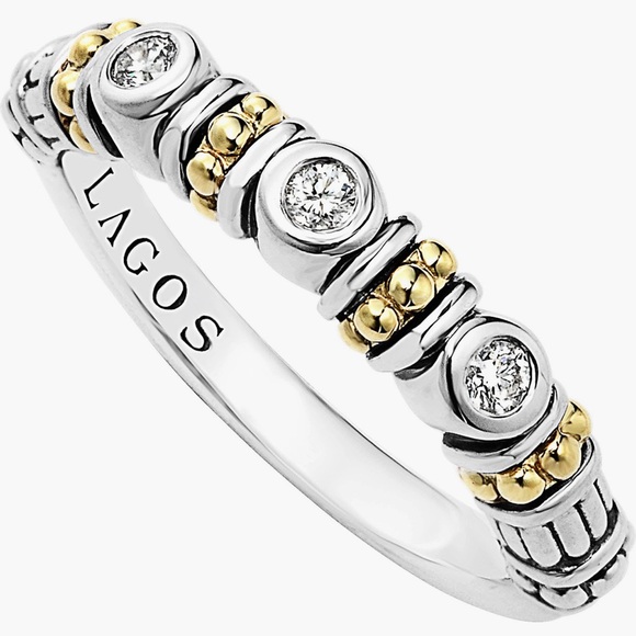 Lagos Sterling Silver Three Diamond Stacking Ring with 18K Gold Stations Size 7 - Picture 1 of 5